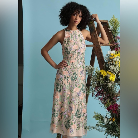 Maggy London Women's Floral Embroidered Halter Midi Dress with Back V-Neck - Picture 6 of 12